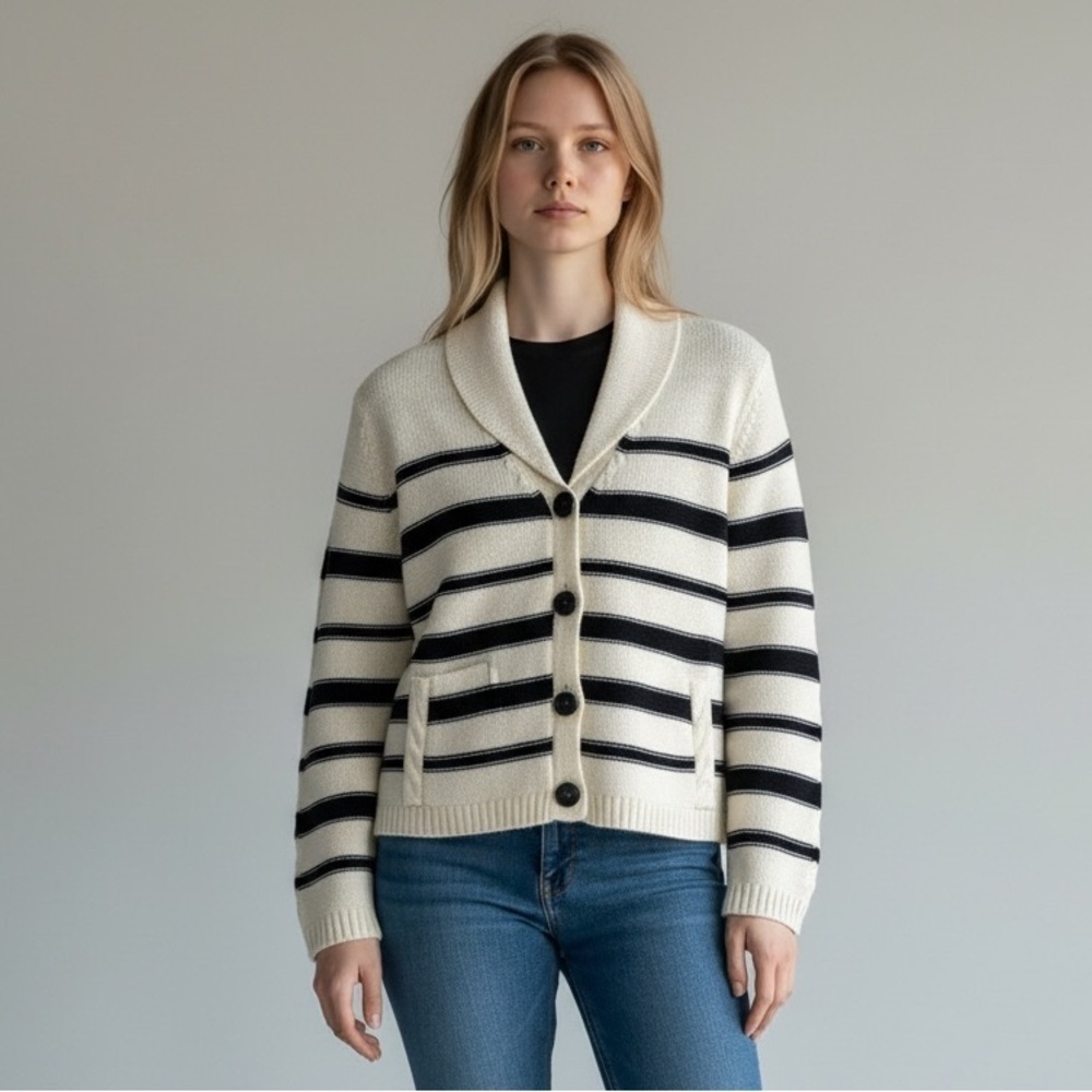 NWOT Talbots Striped Navy and Off White Women's Small Cardigan Sweater